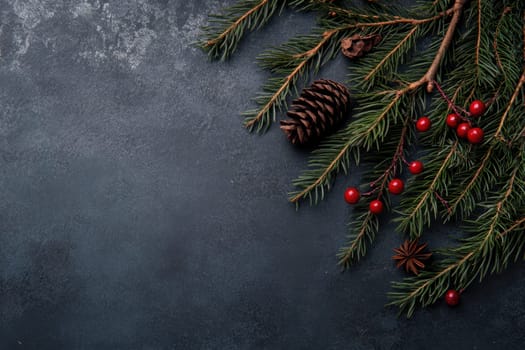 Pine branches adorned with bright red berries and a pine cone create a cozy winter atmosphere perfect for holiday decorating.