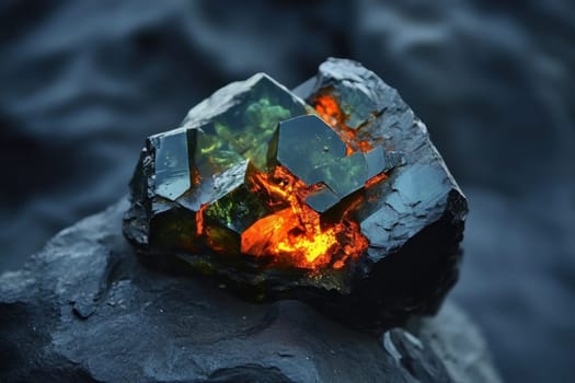 This captivating mineral displays vibrant orange colors intermingling with dark crystals lit beautifully against a textured background.