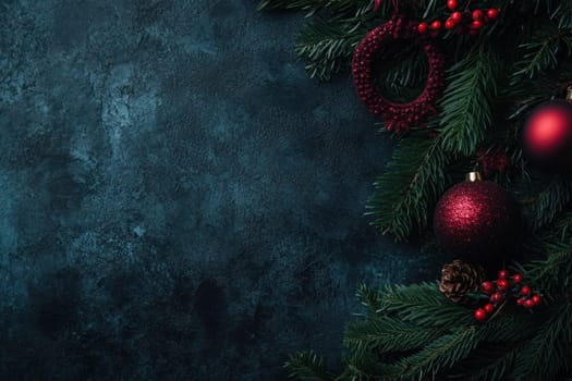 Festive red ornaments and pine branches create a holiday atmosphere perfect for celebrating the Christmas season.