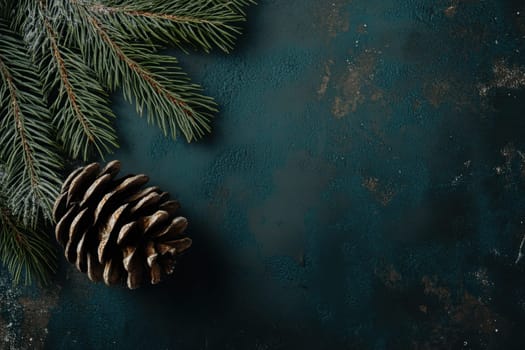 A pinecone rests beside a fresh evergreen branch on a dark textured backdrop evoking a natural holiday atmosphere.