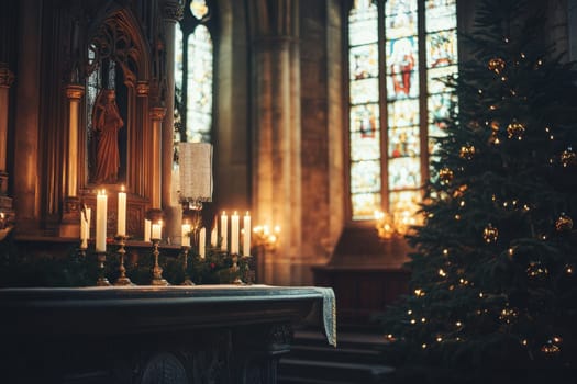A serene church altar adorned with candles and decorated for the holiday season featuring a beautifully lit Christmas tree nearby.