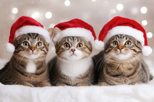 Three adorable kittens wear red Santa hats while sitting together creating a festive atmosphere against a sparkling background.