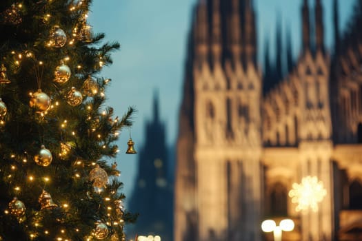 A beautifully adorned Christmas tree stands illuminated near the cathedral as twilight descends creating a festive atmosphere.