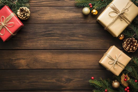 Decorative gifts wrapped in festive paper surrounded by pine branches and ornaments creating a cheerful atmosphere for the holidays.