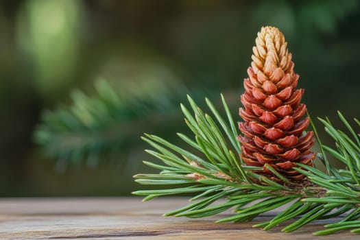 A detailed pine cone sits atop vibrant green pine needles surrounded by a blurred forest backdrop in natural light.