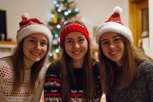 Three friends gather in a cozy room wearing red and white Christmas hats smiling together by a beautifully decorated tree.