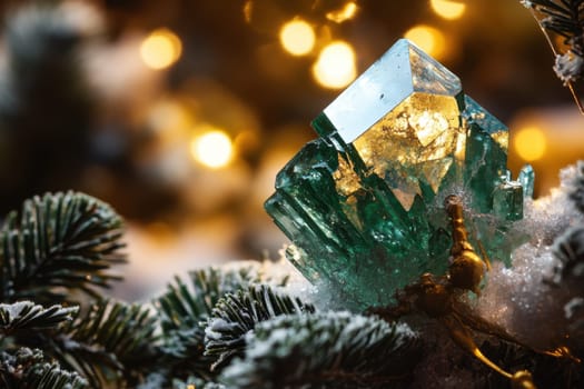 A stunning green crystal sparkles amid snow covered evergreen branches illuminated by warm blurred lights in the background during winter.