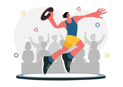 Discus Throw Athletics Vector Illustration featuring an Athlete Throwing a Wooden Disc in a Sports Championship with a Flat Style Cartoon Background