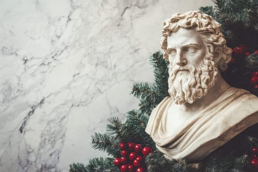 A marble bust of a philosopher is nestled among evergreen branches and red berries creating a striking holiday display indoors.