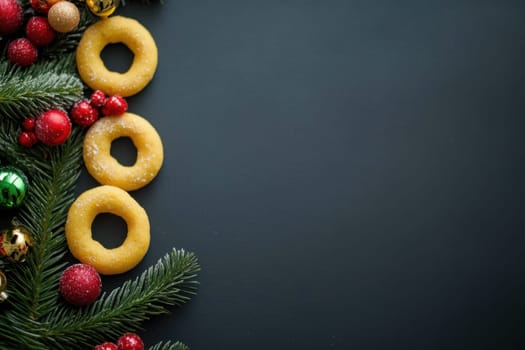 Three festive donuts are beautifully arranged next to vibrant holiday ornaments and evergreen branches creating a seasonal display.