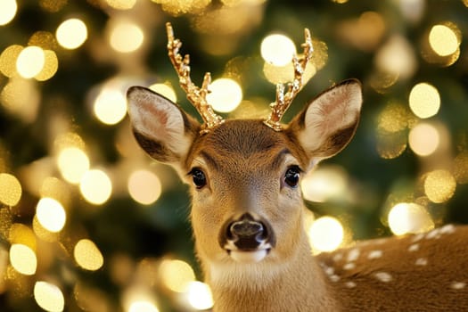 A young deer gazes at the viewer adorned with golden antlers surrounded by sparkling holiday lights in a cheerful setting.