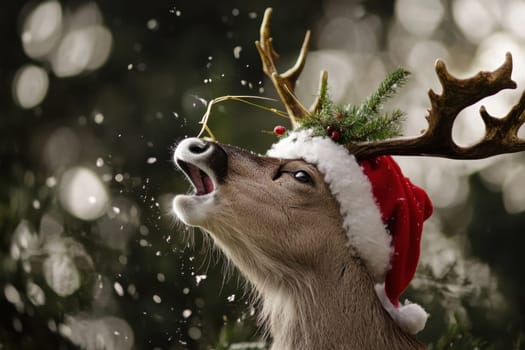 A reindeer with a Christmas hat joyfully calls out while surrounded by snowflakes and festive greenery during winter.