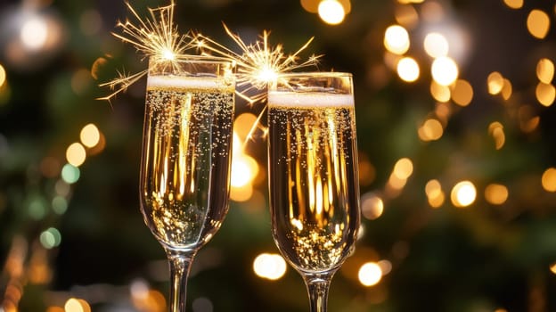 Two glasses of champagne sparkle with festive sparklers illuminated by warm bokeh lights in a cheerful celebration atmosphere.