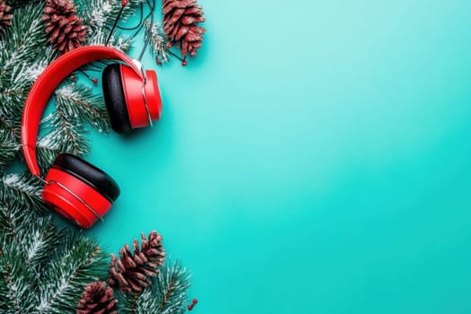 Red headphones sit beside pinecones and frosted greenery against a bright teal background capturing a festive mood perfect for the holidays.