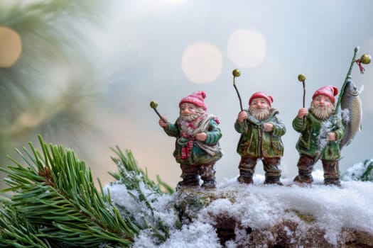 Three whimsical gnomes dressed warmly hold staffs smiling against a snowy backdrop with soft winter lighting.