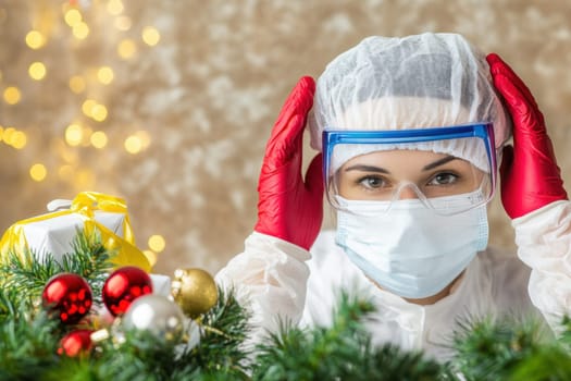 A health worker in protective gear stands amid Christmas decorations symbolizing safety during holiday gatherings in a warm atmosphere.