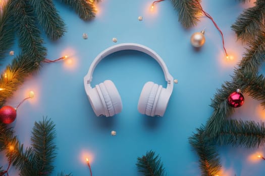 A pair of white headphones rests on a blue surface encircled by Christmas ornaments and pine garlands creating a cheerful holiday vibe.