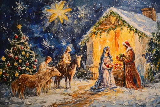 The nativity scene depicts Mary and Joseph with baby Jesus in a stable surrounded by festive decorations under a starry sky.