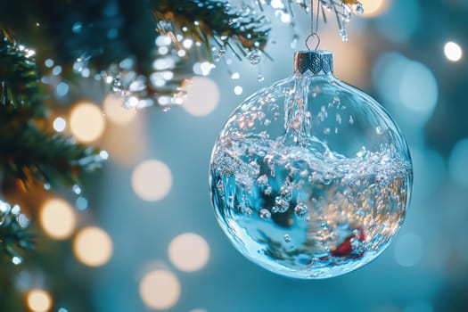 A clear glass ornament filled with water hangs from a Christmas tree reflecting lights and creating a festive ambiance during the holiday season.