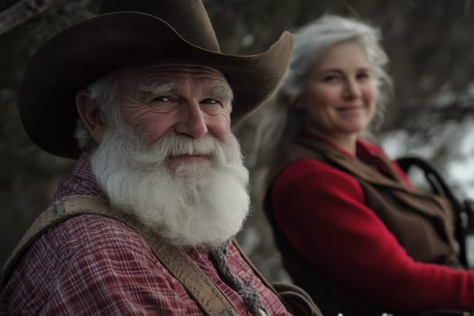 A smiling elderly couple relaxes outdoors showcasing their joyful connection amid a serene natural backdrop.