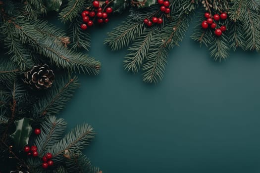 A beautifully arranged display of evergreen branches red berries and pine cones creates a seasonal atmosphere perfect for holiday celebrations.