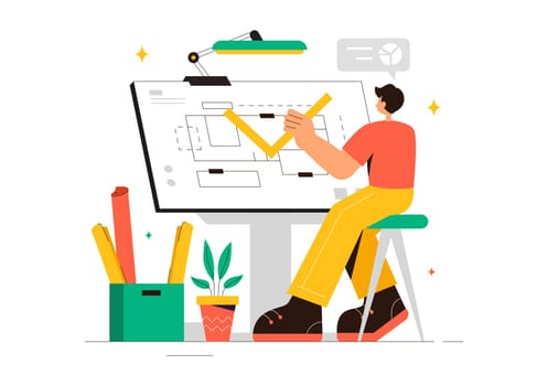 Vector illustration of a Drafting Engineer or Architect Working on a Drawing Board, Projecting Plans and Creating Drafts for Construction Projects