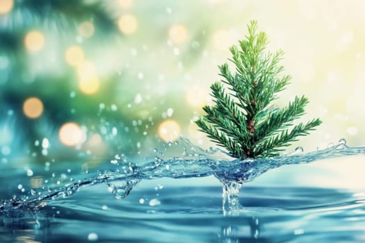 An evergreen tree stands upright in water creating splashes as it is gently lapped by the surface with soft glowing lights in the background.