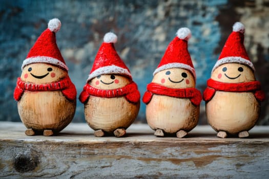 Four cheerful wooden snowmen stand closely together each adorned in red winter hats and scarves creating a warm holiday atmosphere.