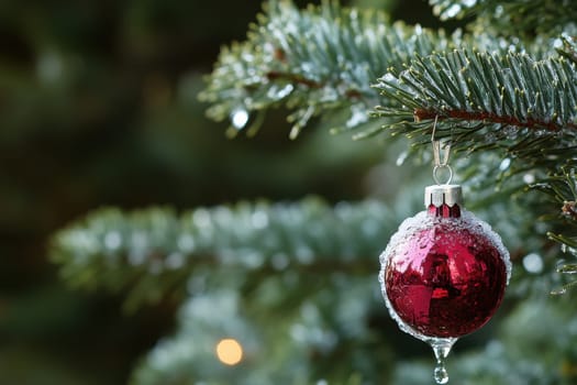 A bright red ornament dangles from a snow dusted evergreen branch glistening in the winter light.