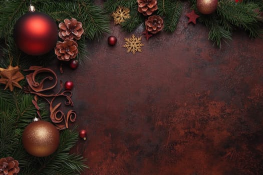 Festive ornaments pinecones and greenery create a warm inviting atmosphere for holiday celebrations and seasonal gatherings.