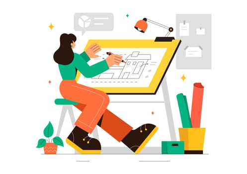 Vector illustration of a Drafting Engineer or Architect Working on a Drawing Board, Projecting Plans and Creating Drafts for Construction Projects