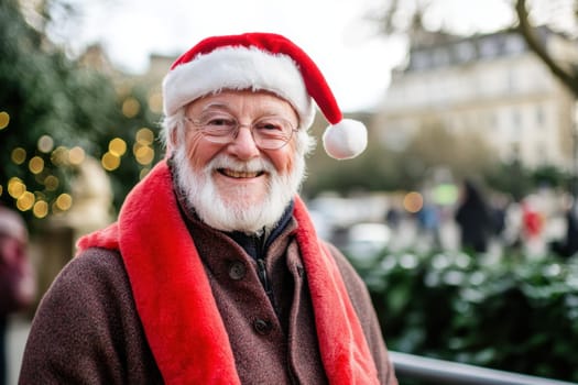 A joyful man wearing a Santa hat and red scarf smiles warmly celebrating the festive spirit in a lively urban setting during winter.