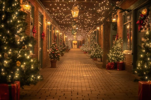 A charming walkway in winter lined with beautifully lit trees and festive decorations creating a magical holiday atmosphere.