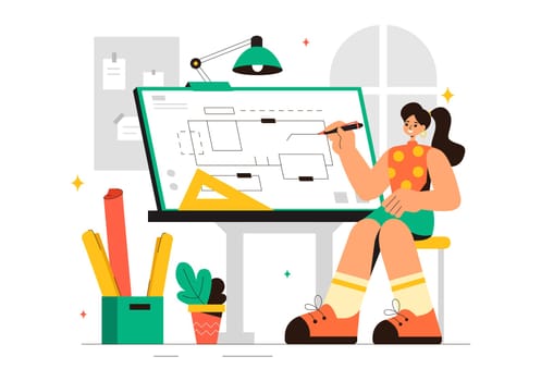 Vector illustration of a Drafting Engineer or Architect Working on a Drawing Board, Projecting Plans and Creating Drafts for Construction Projects