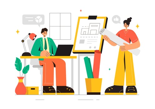 Vector illustration of a Drafting Engineer or Architect Working on a Drawing Board, Projecting Plans and Creating Drafts for Construction Projects
