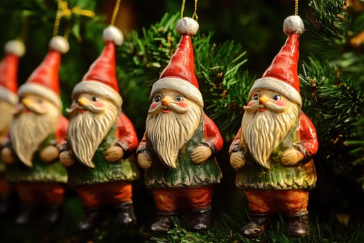 Colorful Santa ornaments with beards are beautifully displayed on a Christmas tree adding charm to the holiday decorations.