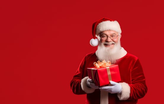 Portrait of happy Santa Claus holding Christmas giftbox, gift with surprise in his hands. Red pocket or bag in his hands with sweet presents. Red background. Copy space for text. High quality photo