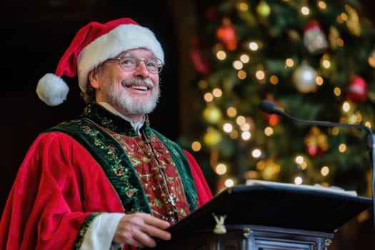 A man dressed in a Santa suit smiles while addressing an audience surrounded by twinkling holiday decorations.