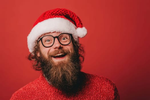 A joyful man with glasses and a beard wears a Santa hat and a red sweater radiating festive cheer and warmth in the holiday season.