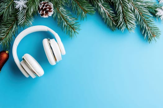 A pair of white headphones rests on a blue surface next to pine branches decorated for the holiday season creating a festive atmosphere.