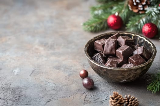 A rustic bowl filled with handmade chocolates sits next to festive ornaments and pine branches capturing a cozy holiday atmosphere.