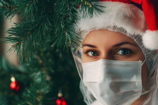 A woman wearing a Santa hat and mask stands beside a decorated Christmas tree. She looks directly at the viewer showcasing holiday spirit.