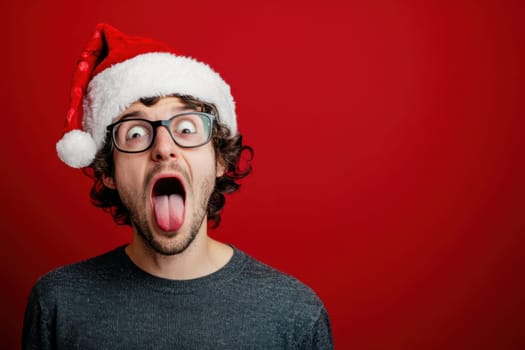 A man wearing a Santa hat expresses joy and humor sticking out his tongue with excitement against a vibrant red background.