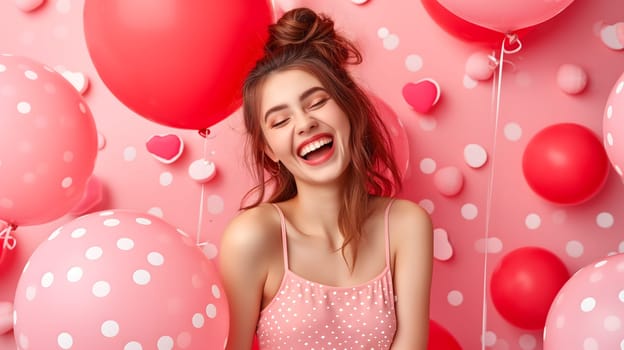 Young adult woman with red and pink air balloons laughing, on pink polka dots background. Happy holiday party. Joyful beauty having fun, celebrating Valentine's Day. Neural network generated image.