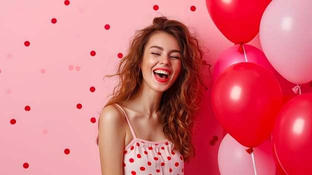 Young adult woman with red and pink air balloons laughing, on pink polka dots background. Happy holiday party. Joyful beauty having fun, celebrating Valentine's Day. Neural network generated image.