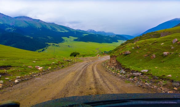 driving along the dirt road at rainy summer day in mountains with spruce forest on mountain slope, view from driver perspective