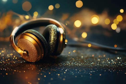 Stylish golden headphones rest on a glittering surface capturing the essence of music and luxury in a nighttime setting.