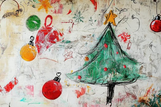 A festive wall displays a painted Christmas tree with ornaments capturing the joyful spirit of the holiday season.
