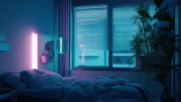 Soft sheets cover a bed in a dimly lit room highlighted by calming neon lights and a view of the outside through window blinds.