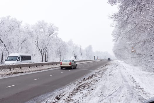 winter interstate road with snow covered trees at overcast day.